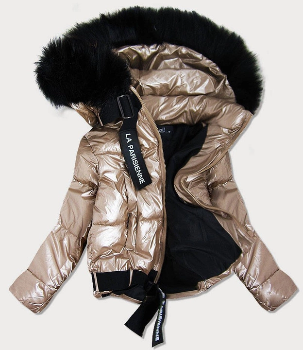 DAMSKA BŁYSZCZĄCA KURTKA Z KAPTUREM ZŁOTA (8297)
