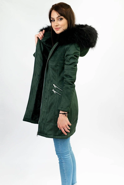 ZAMSZOWA DAMSKA KURTKA ZIMOWA Z KAPTUREM BUTELKOWA ZIELEŃ (6516)
