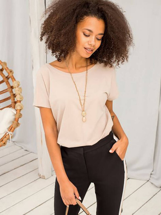 T-shirt basic z dekoltem z tyłu Feel Good beżowy (4662-27)