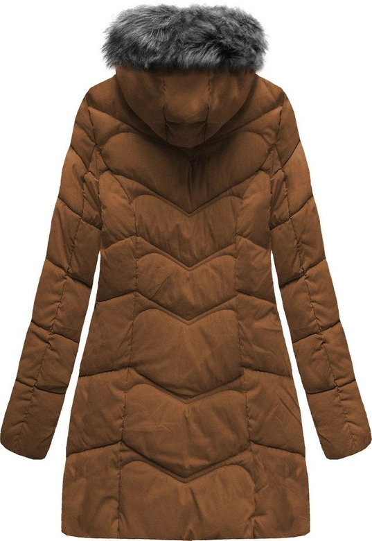 DŁUŻSZA PIKOWANA DAMSKA KURTKA ZIMOWA Z KAPTUREM BRĄZOWA (B2643)