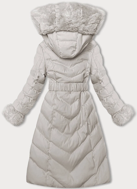 Zimowa kurtka damska z paskiem ecru (5M3156-254)