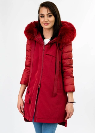 ZIMOWA KURTKA DAMSKA Z ŁĄCZONYCH MATERIAŁÓW CZERWONA (7708)