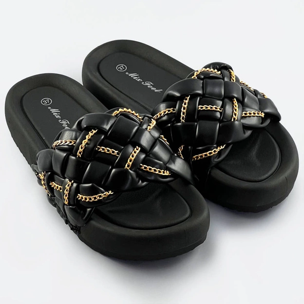 Damskie klapki plecione z łańcuszkiem czarne (ae120)