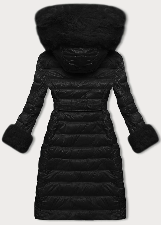 Puchowy płaszcz damski na guziki czarny (5M3160/1-392)