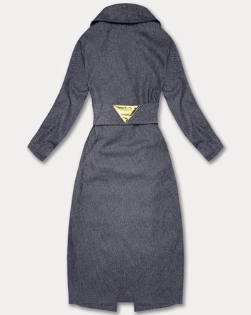 Długi płaszcz damski z paskiem S'West granat-paseczki (B8542-26)