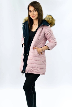 Dwustronna damska kurtka zimowa z kapturem granatowo-różowa (w213)