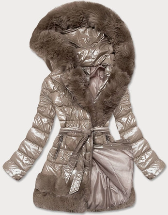 Pikowana kurtka zimowa damska obszyta futrem beżowa (1209)