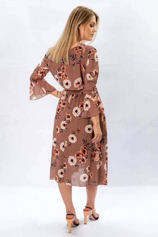 SZYFONOWA SUKIENKA KOPERTOWA W KWIATY BRĄZOWA (483ART)