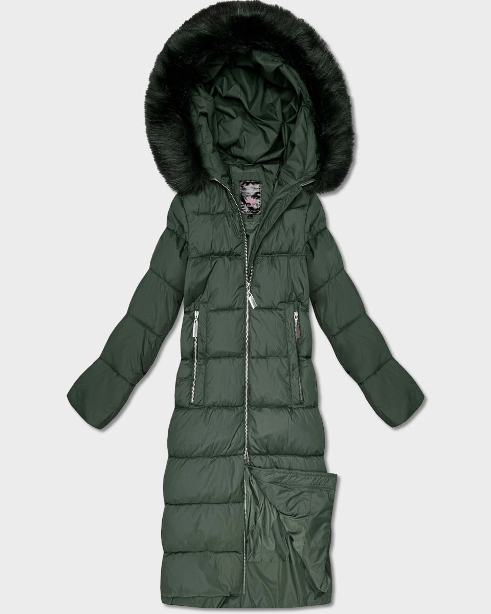 Długa damska kurtka zimowa z kapturem butelkowa zieleń (7688)