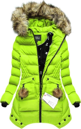 PIKOWANA KURTKA DAMSKA ZIMOWA Z KAPTUREM LIMONKOWA (W810)