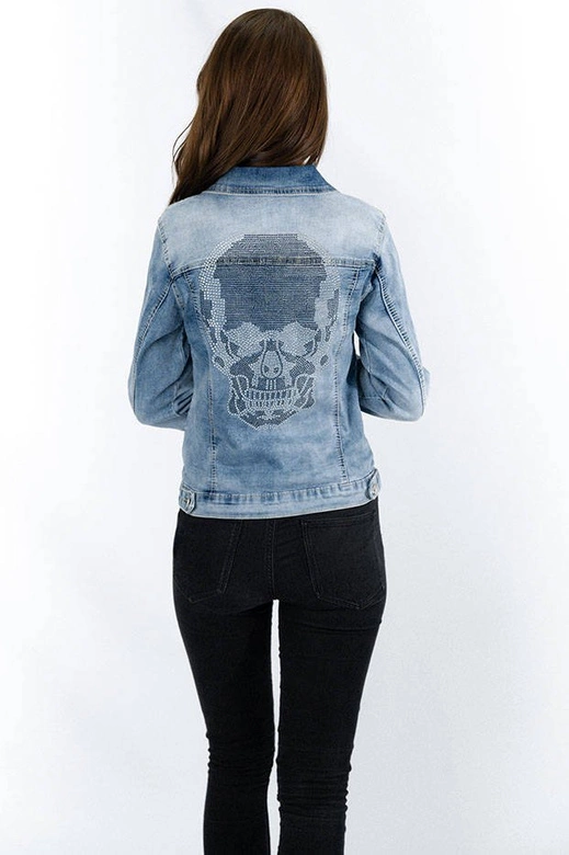 KRÓTKA DAMSKA KURTKA JEANSOWA Z CYRKONIAMI NIEBIESKA (GD6657-K)