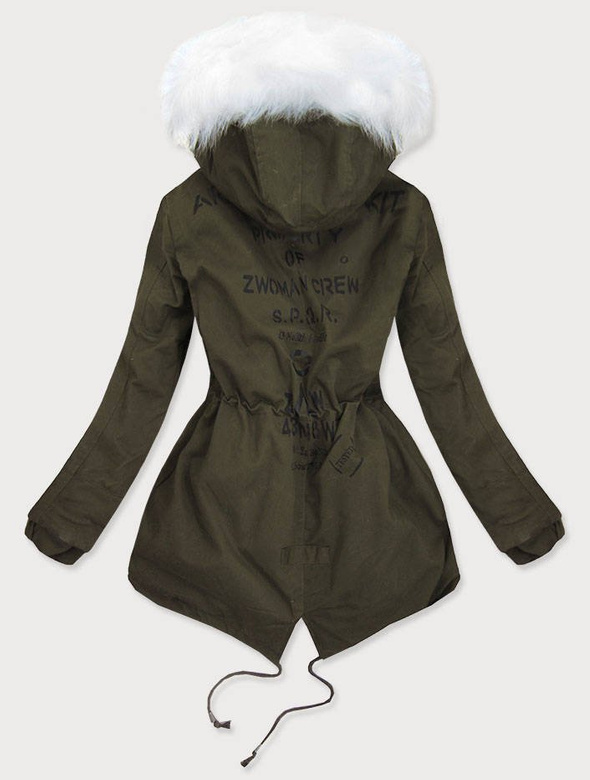 KURTKA PARKA DAMSKA ZIMOWA KHAKI-BIAŁA (613)