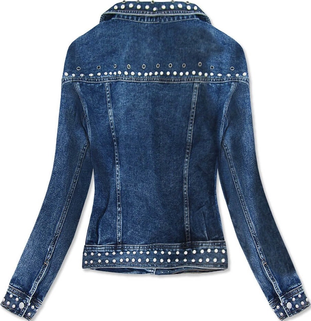 KRÓTKA JEANSOWA DAMSKA KURTKA Z KOŁNIERZEM I DŻETAMI NIEBIESKA (L1815)