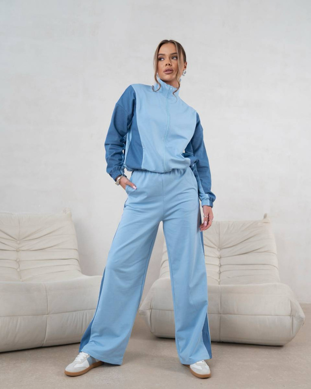 Komplet dresowy bluza na zamek + spodnie wide leg niebieski (821151)
