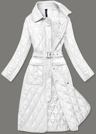 PIKOWANY PŁASZCZ DAMSKI Z PASKIEM BIAŁY (7258)