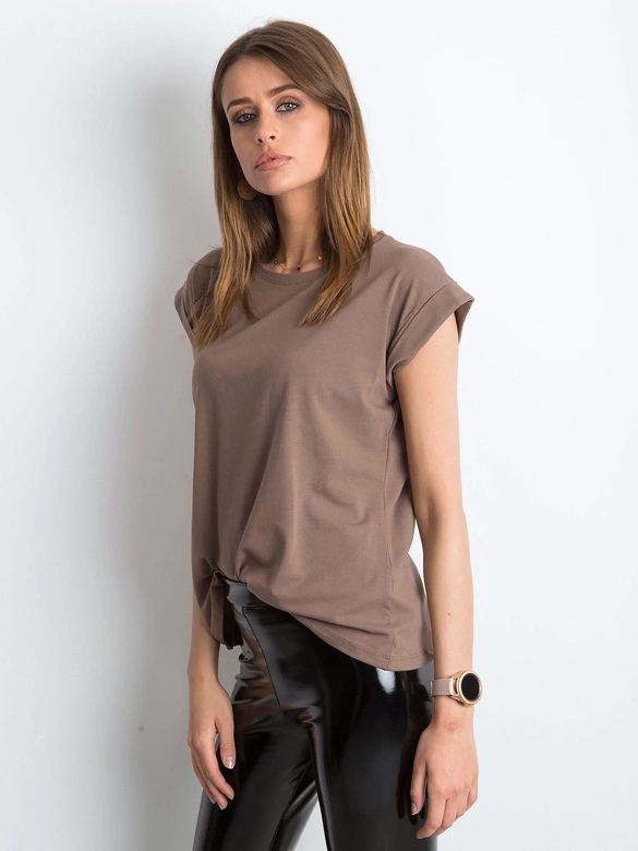 Bawełniany t-shirt z podwijanymi rękawkami Feel Good brązowy (4833.36X)
