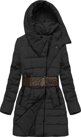 KURTKA Z KAPTUREM I PASKIEM CZARNA (X1213X)