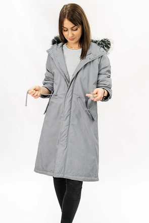 Bawełniana parka damska zimowa z puchem naturalnym szara (7085)