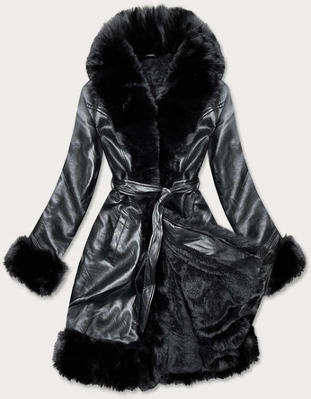 Rozkloszowany płaszcz damski z ekoskóry z futrem czarny (b9738)