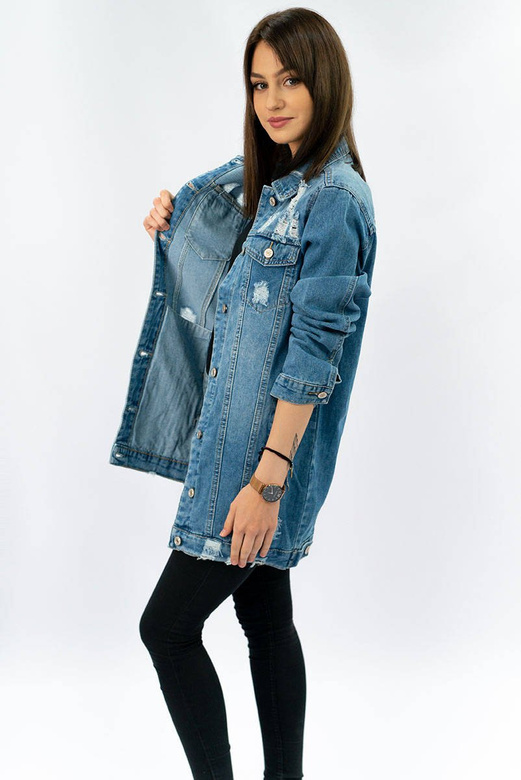 Długa damska kurtka jeansowa oversize niebieska (x-761)