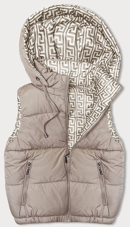 Krótki puchowy bezrękawnik damski z kapturem beżowy (16M9091-62)