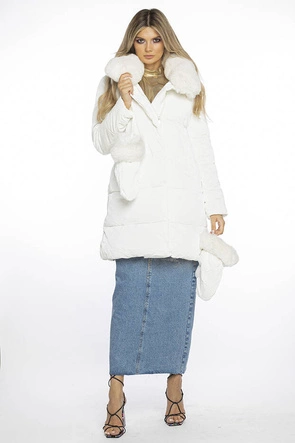 Zimowa kurtka damska z futrzanym kołnierzem i rękawiczkami Ann Gissy biała (AG9-9002)