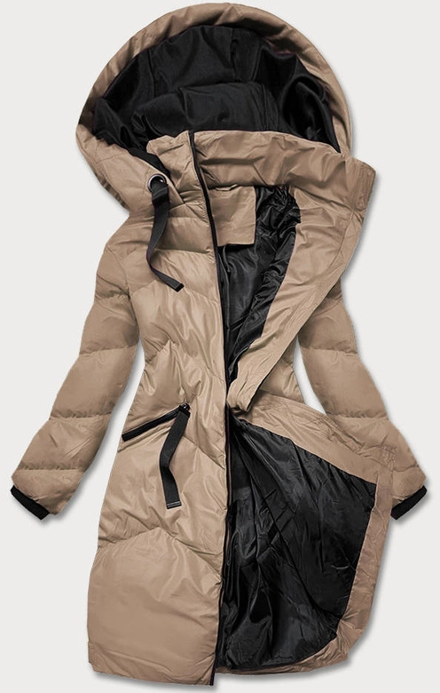 KURTKA ZIMOWA DAMSKA Z KAPTUREM CIEMNOBEŻOWA (5M733-84)