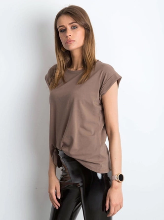 Bawełniany t-shirt z podwijanymi rękawkami Feel Good brązowy (4833.36X)