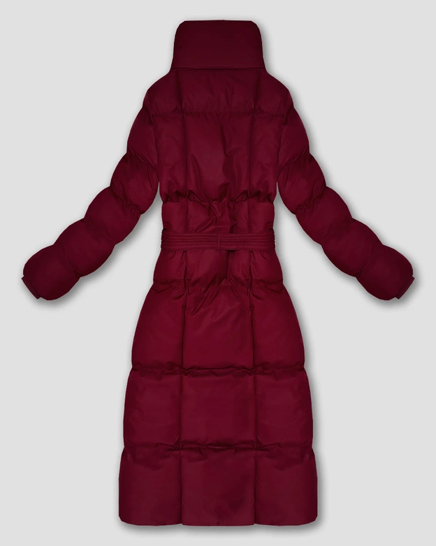 Długa zimowa kurtka damska z paskiem bordowa (5M3327-1)