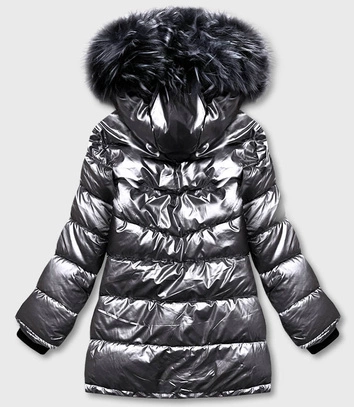 BŁYSZCZĄCA KURTKA DAMSKA ZIMOWA SZARA (HS-809)