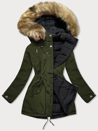 Dwustronna damska kurtka zimowa khaki-czarna (w557-1big)