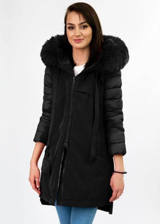 Zimowa kurtka damska z łączonych materiałów czarna (7708)