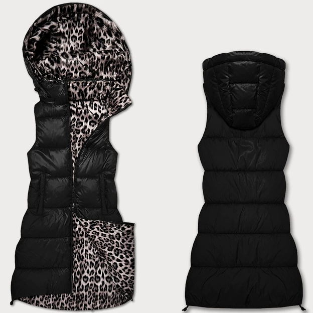 Gruba kamizelka dwustronna z odpinanym kapturem czarny-panterka (T5-2602#-1)