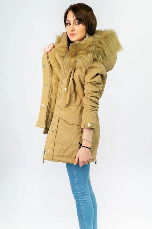 Damska zimowa parka z kapturem musztardowa (7617)