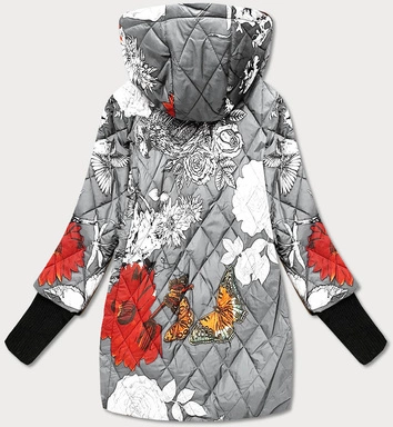 DAMSKA KURTKA W KWIATY SZARA (7703)