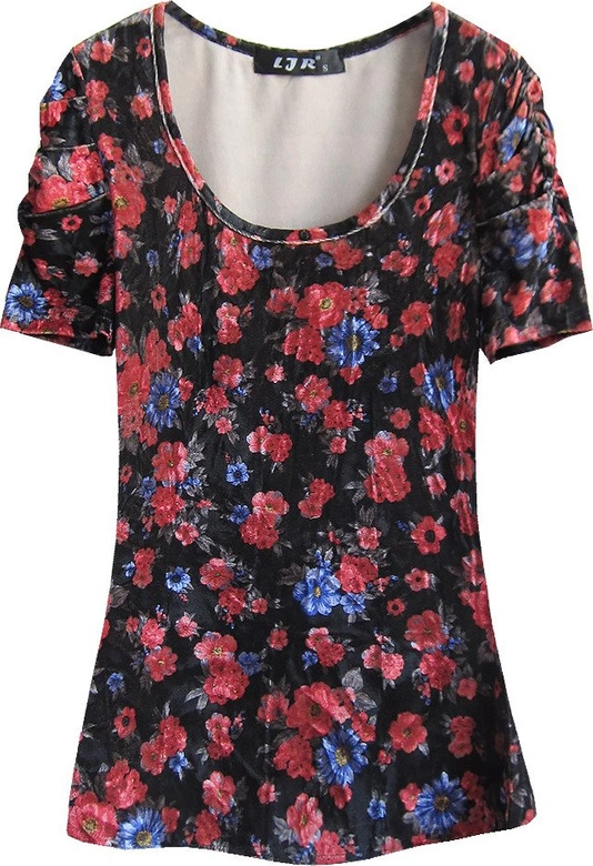 WELUROWA BLUZKA W KWIATY CZARNO-CZERWONA (3682/8)