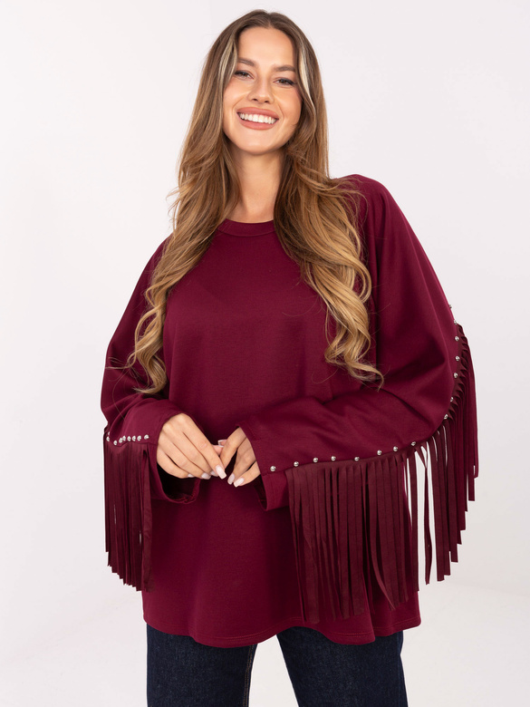 Luźna bluza damska z frędzlami bordowa (21695)