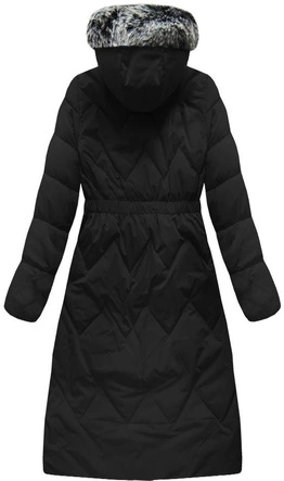 ZIMOWY PŁASZCZ DAMSKI Z KAPTUREM I PUCHEM NATURALNYM CZARNY (7119)