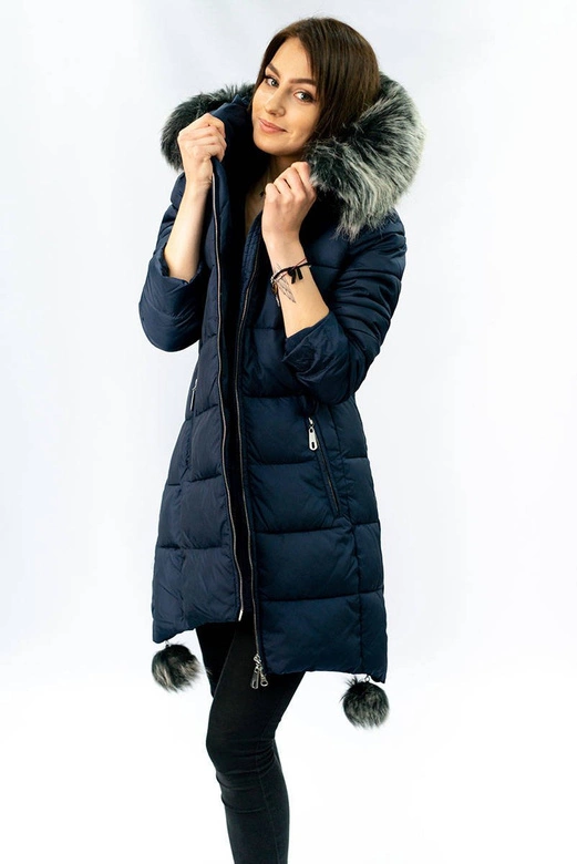 KURTKA DAMSKA ZIMOWA Z WYDŁUŻONYMI BOKAMI GRANATOWA (GWW6788X)