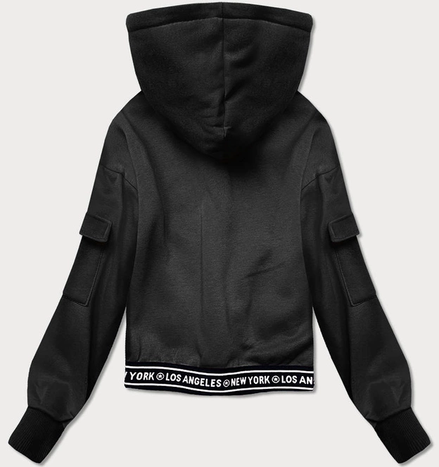 Krótka bluza dresowa damska ze ściągaczami czarna (26030)