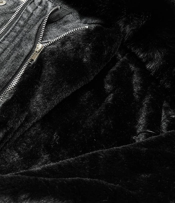 DAMSKA KURTKA JEANSOWA Z FUTRZANĄ PODPINKĄ CZARNA (9020#)