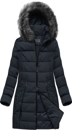 DŁUŻSZA PIKOWANA DAMSKA KURTKA ZIMOWA Z KAPTUREM GRANATOWA (B9502)