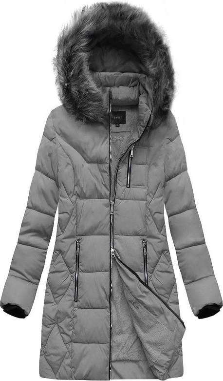 DŁUŻSZA ZIMOWA KURTKA DAMSKA Z KAPTUREM SZARA (B9902)