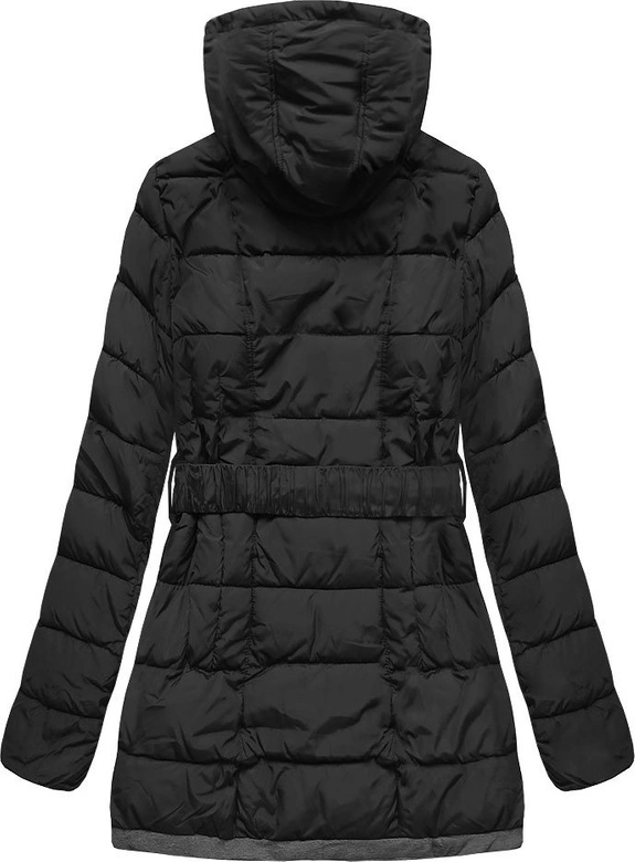 KURTKA Z KAPTUREM I PASKIEM CZARNA (YB929)