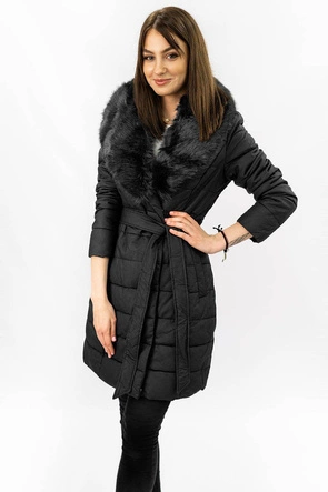 DAMSKI PŁASZCZ Z EKOSKÓRY Z FUTERKIEM CZARNY (5527)