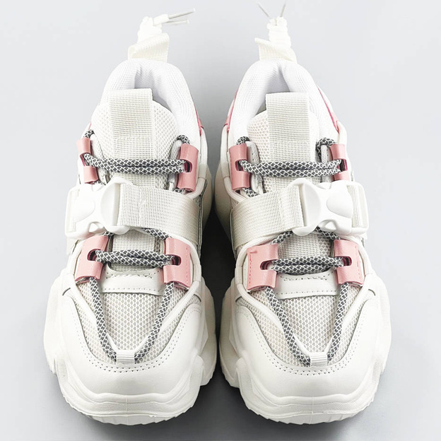 SZNUROWANE SNEAKERSY Z KLAMRĄ BIAŁO-RÓŻOWE (L8085)