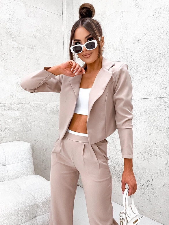 Komplet krótka marynarka + szerokie spodnie beżowy (8263)