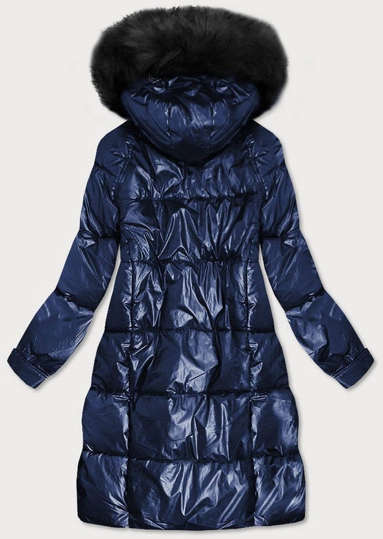 Damska metaliczna kurtka zimowa z kapturem granatowa (8295)
