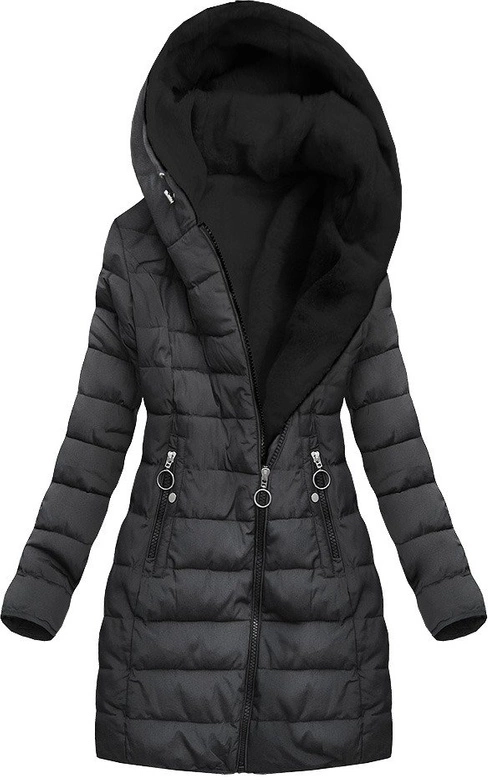 PIKOWANA KURTKA Z KAPTUREM GRAFITOWO-CZARNA (M-13)