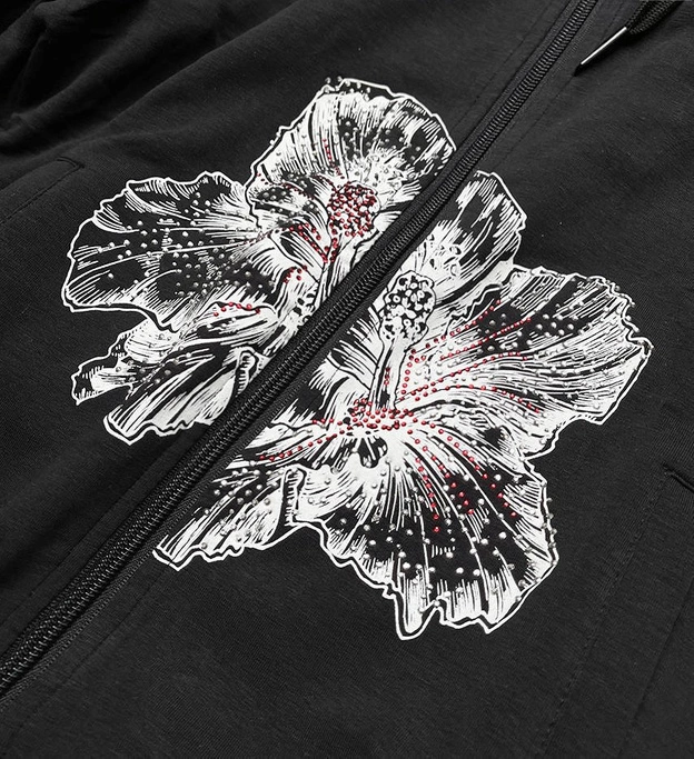 BLUZA DRESOWA Z OZDOBNĄ APLIKACJĄ KWIATY CZARNA (58078)